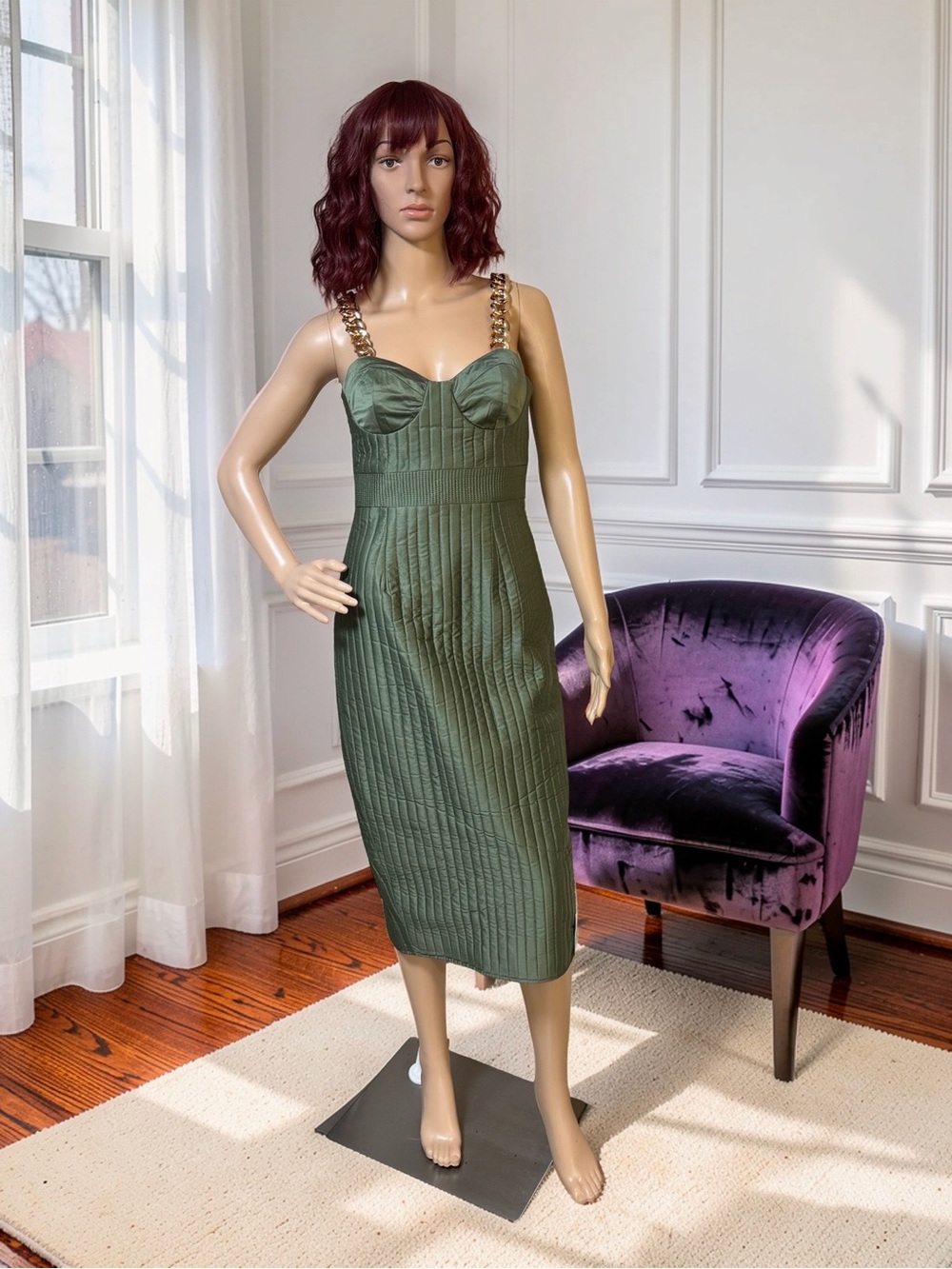 ASOS Design NWT Sz 4 Olive Green Ribbed Midi Dress Gold Tone Chain Straps (0853)